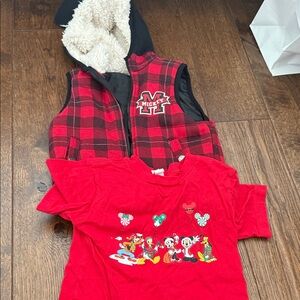 Red Kids T-Shirt with Cartoon Characters and zip up sleeveless jacket with hood